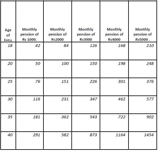Atal Pension Yojana indicative contribution amounts