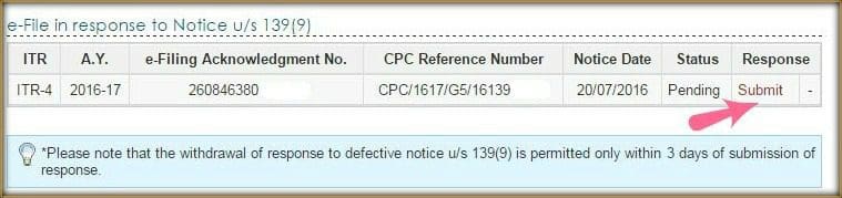 Defective return notice under section 139 9 details submit response pic