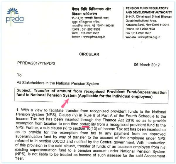 PFRDA latest notification guidelines on transfer of EPF Superannuation funds to NPS PF to NPS switch EPF Vs NPS epf to nps pic