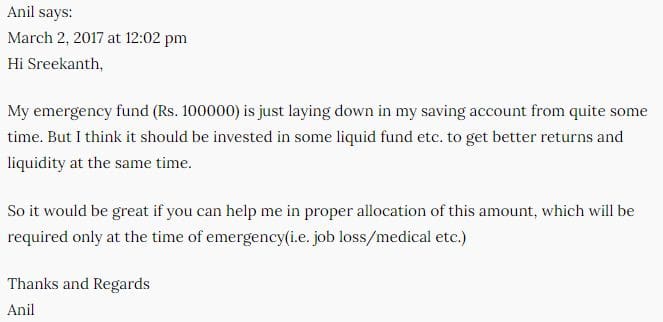 Blog reader's query or comment on Emergency fund
