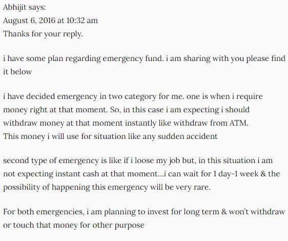 Blog reader's saving plan for Emergency fund
