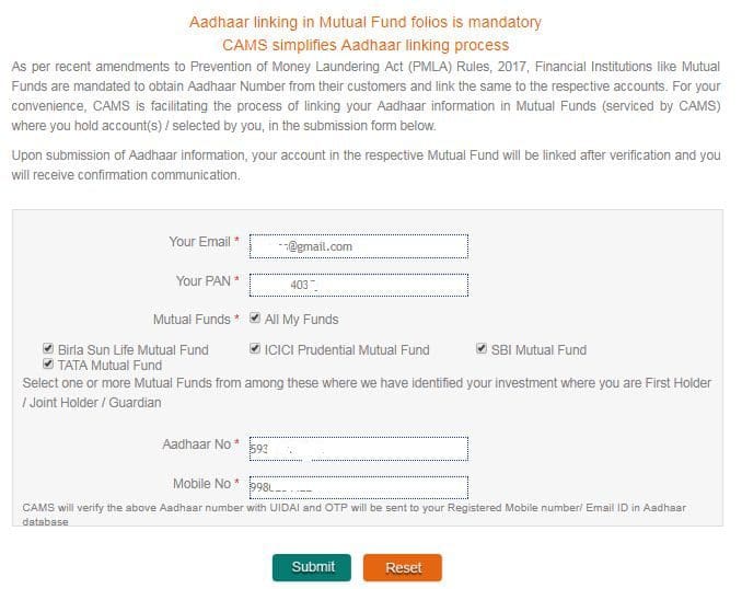 Aaadhaar card with mutual funds in CAMS portal