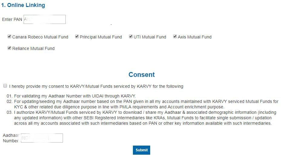 Karvy portal for mutual fund aadhaar number linking process online OTP