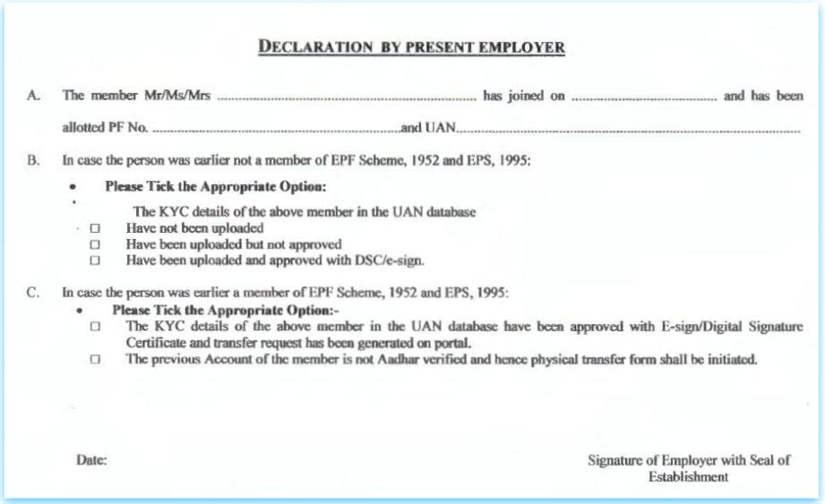 Declaration my the employer for automatic transfer of EPF claim Employees Provident Fund pic