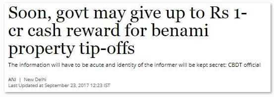 Benami properties benami transactions cash reward Rs 1 crore secret informers govt scheme