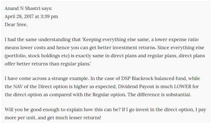Blog readers query lower dividend pay out income in direct mutual fund compared to regular plan scheme