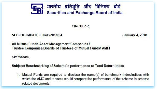 SEBI Circular notification 2018 on mutual fund perforamnce benchmarking with Total return index TRI pic