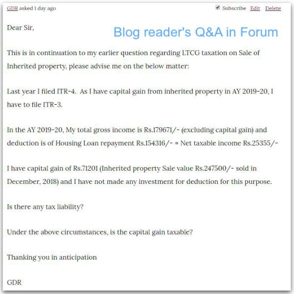 Relakhs blog reader's query on adjustment of ltcg againist income tax basic exemption limit tax implications pic