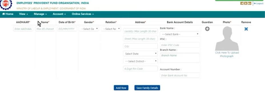 how to update Nominee details in EPF e-nomination facility online beneficiary family member aadhaar number bank account address