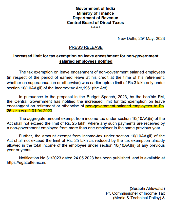 CBDT Notification on latest leave encashment exemption limit 25 lakhs.pdf

