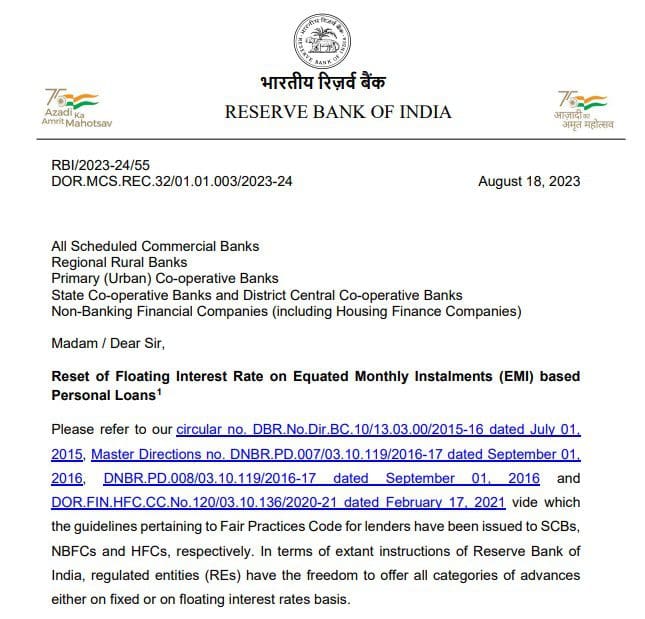 RBI latest floating rate reset rules on emi based loans 2023 circular