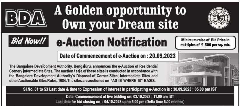 Latest BDA E-auction Sep-Oct 2023 | Details & Online Procedure