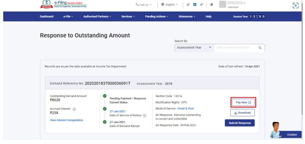Pay outstanding income tax demand due online efiling portal