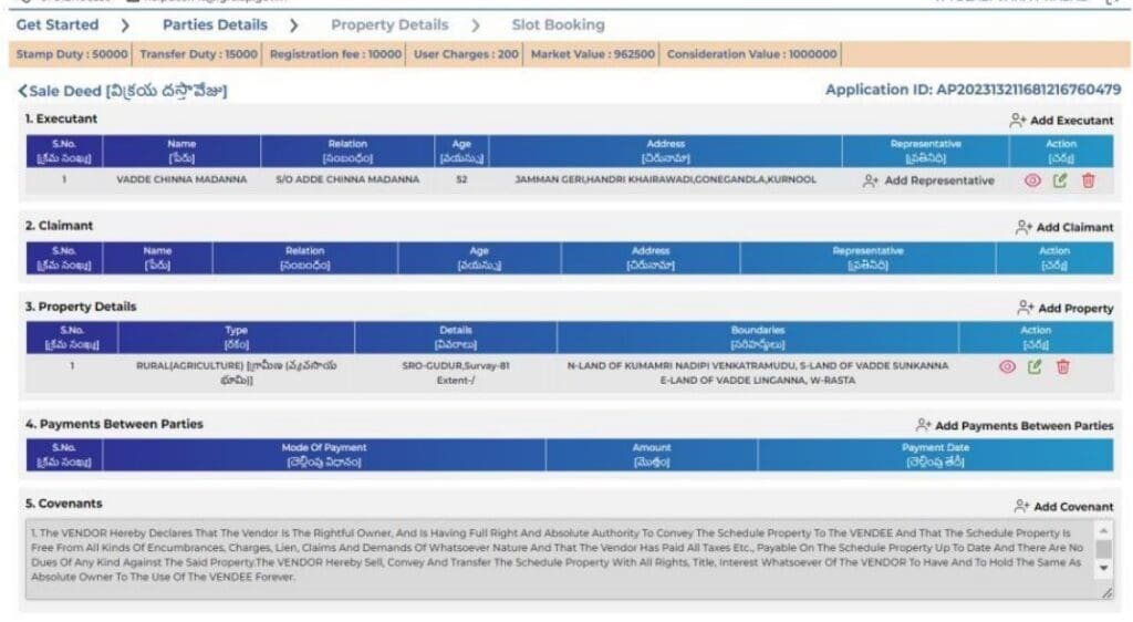 Sale deed details executant claimant property details