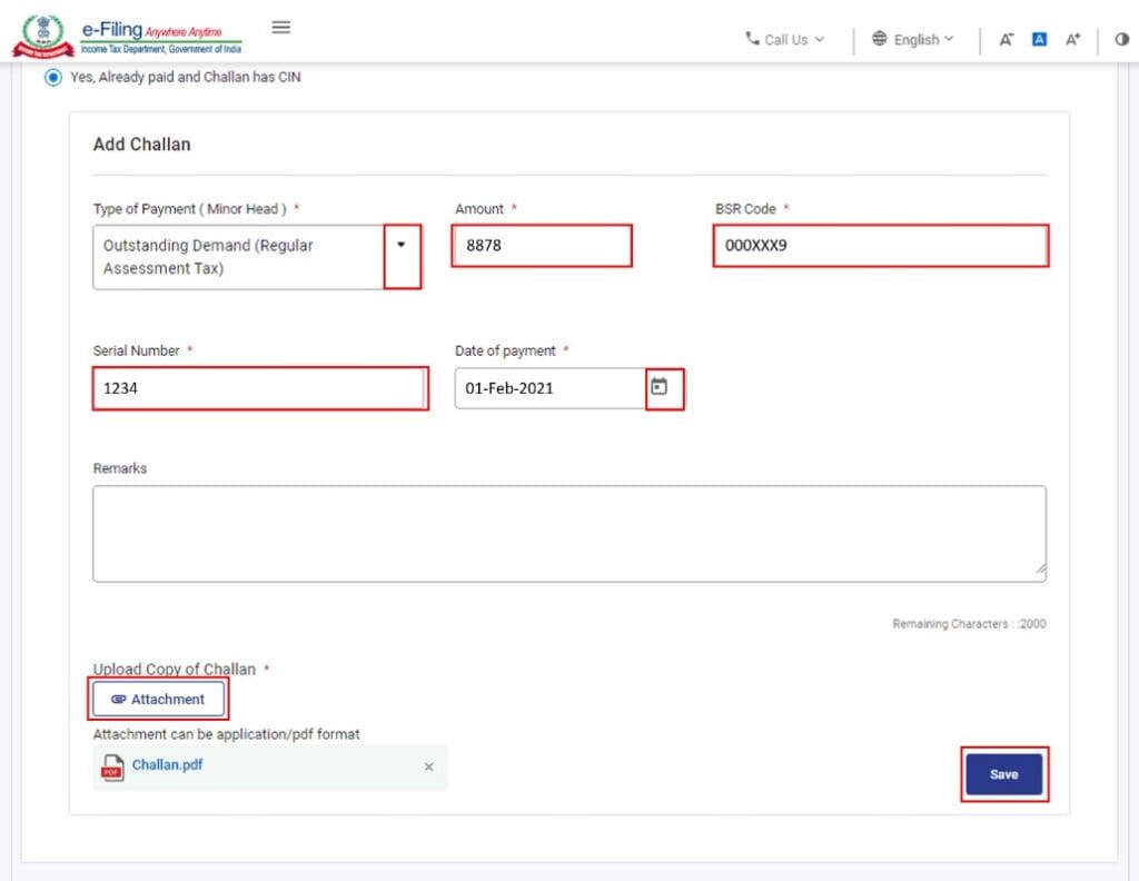 add tax payment challan details bsr code 